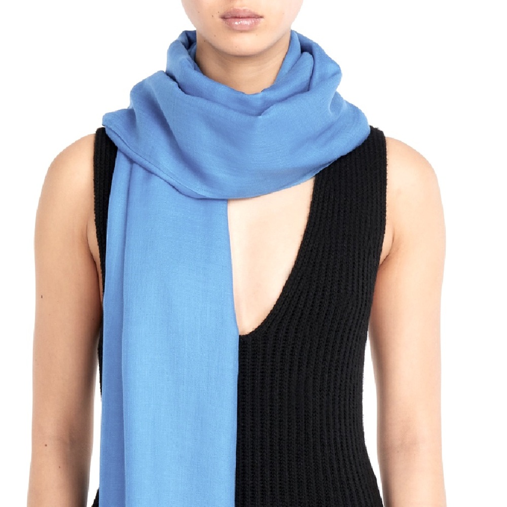 NWT Light Ice Blue Cashmere Scarf Foulard Pashmina fringe wrap w zipper dust bag - Picture 5 of 15